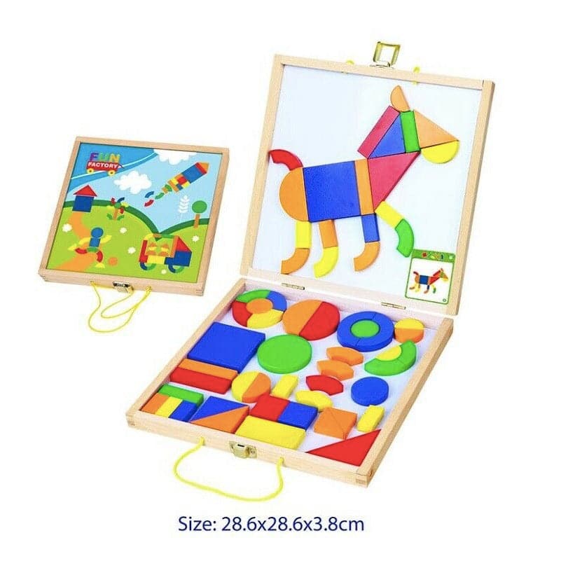 Magnetic shapes picture set with wooden case, board, and colorful magnetic pieces