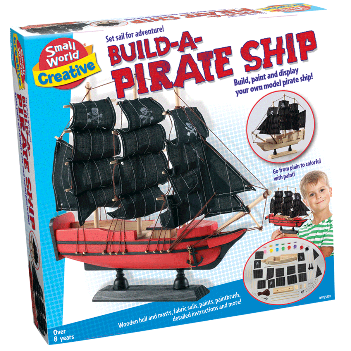 Build-a-pirate-ship craft kit box with black sail model and paints shown
