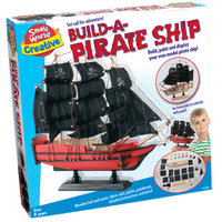 Build-a-pirate-ship craft kit box with black sail model and paints shown