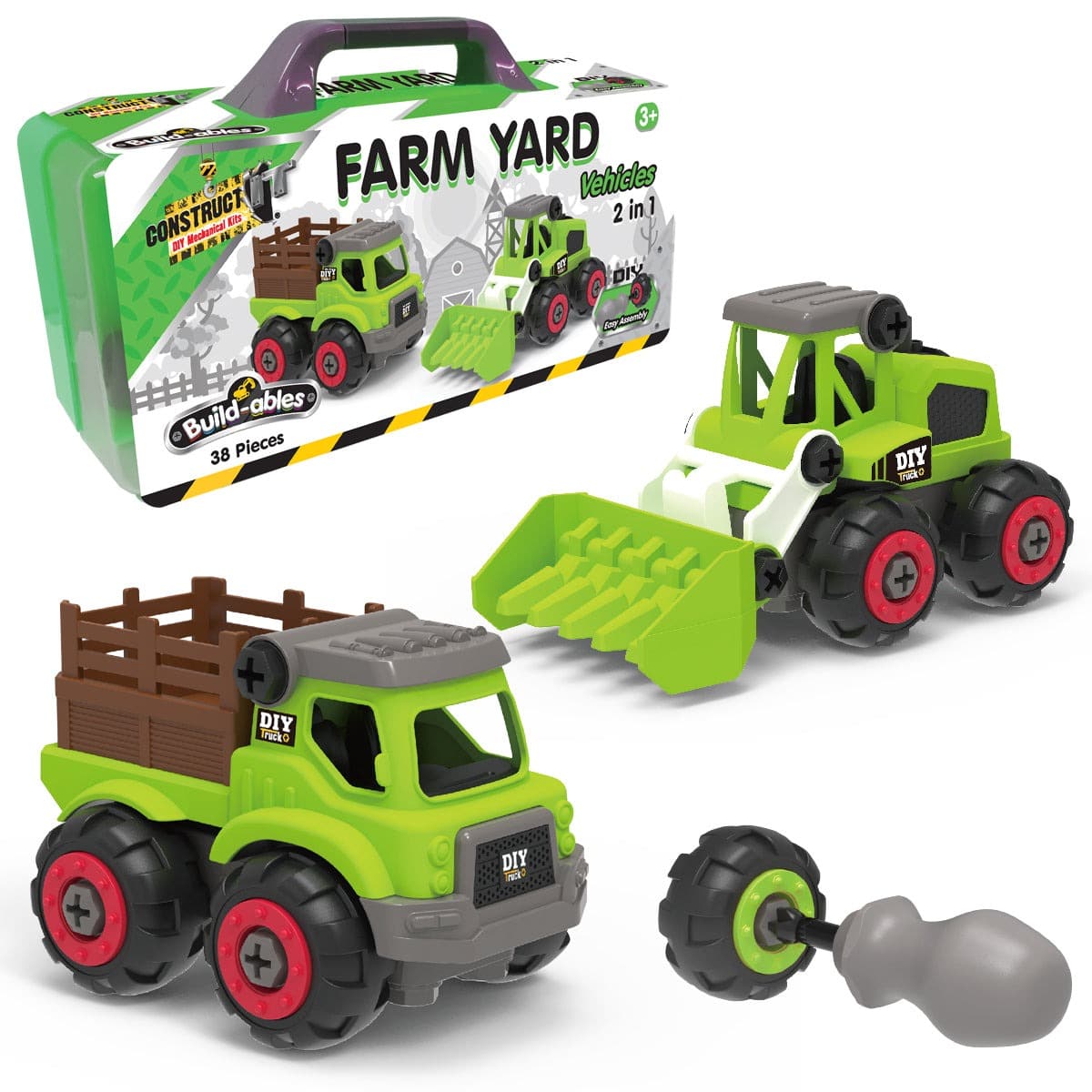 Green and gray 2-in-1 farm vehicles with detachable bucket and spare parts