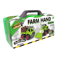 2-in-1 farm vehicle toy construction set box with green and gray vehicles