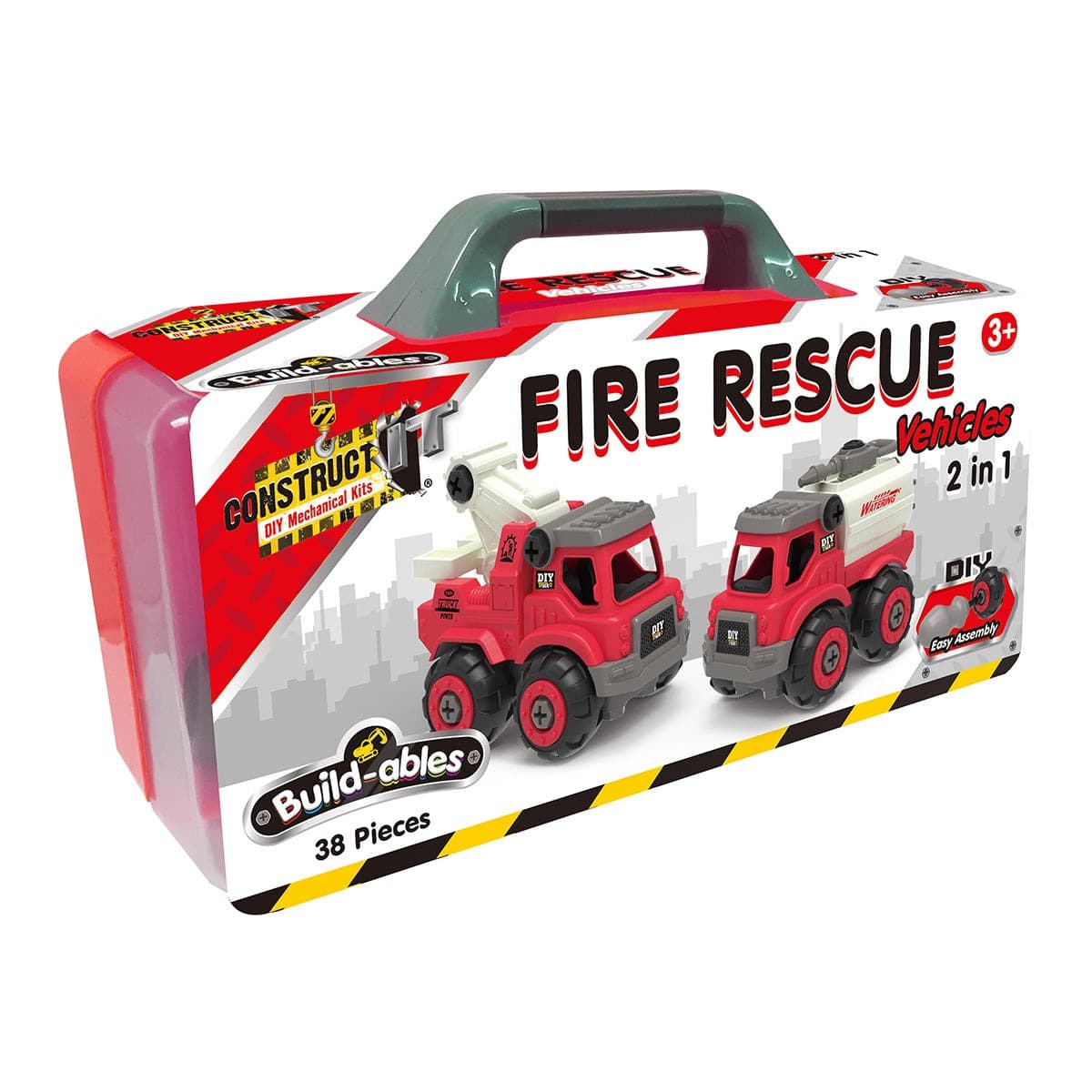 Build-ables fire rescue vehicle construction set in box, 2-in-1 trucks, 38 pieces