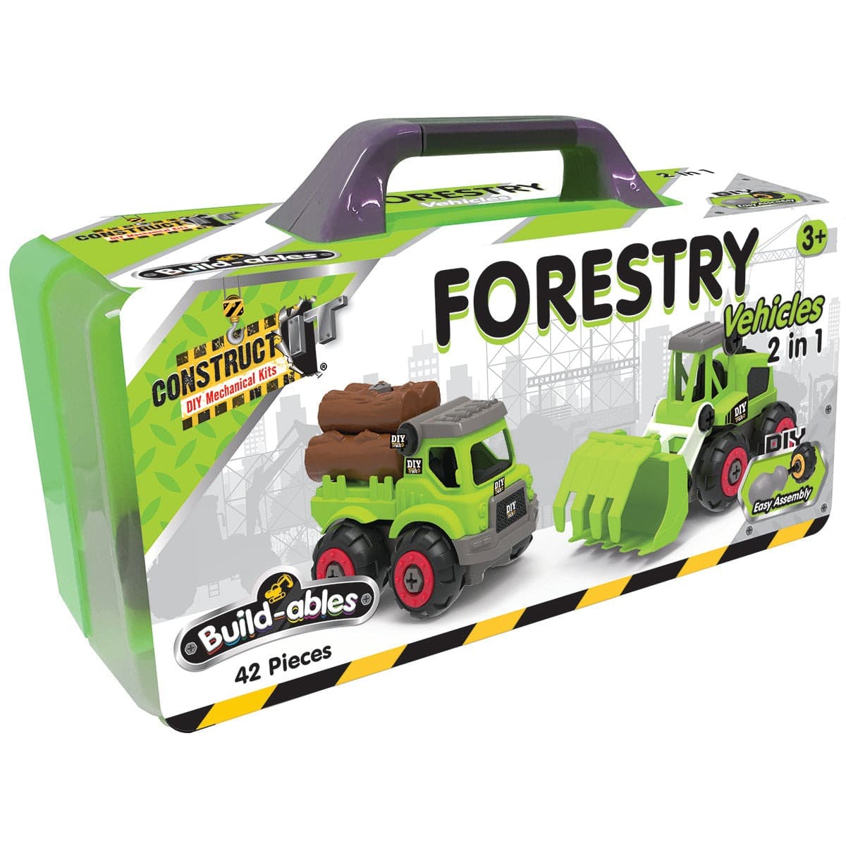 Build-ables forestry vehicles 2-in-1 box with green log truck and grapple vehicle