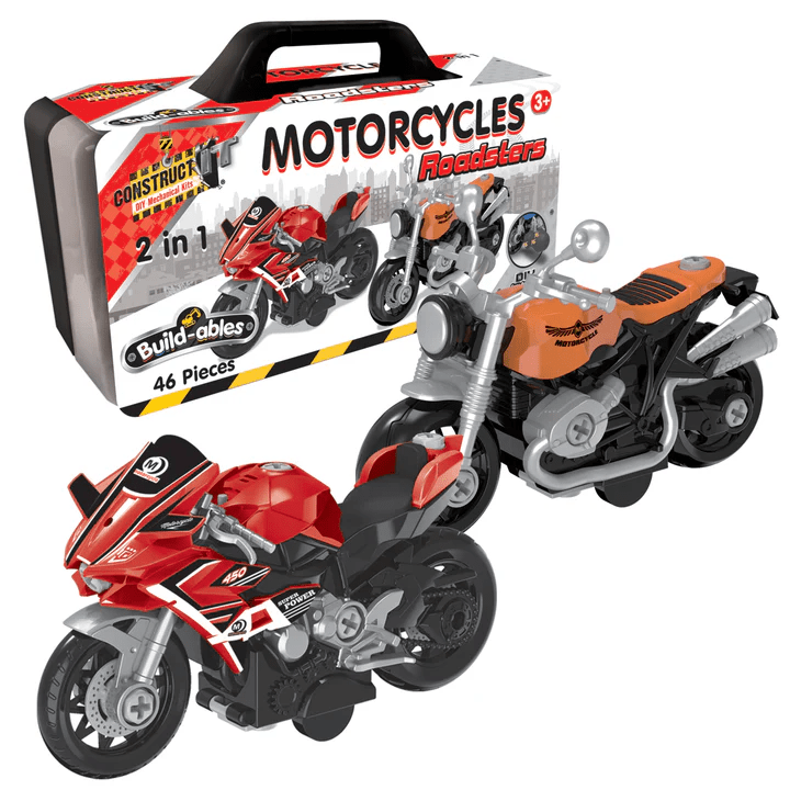 2-in-1 buildable motorcycle set box showing red and orange assembled motorcycles