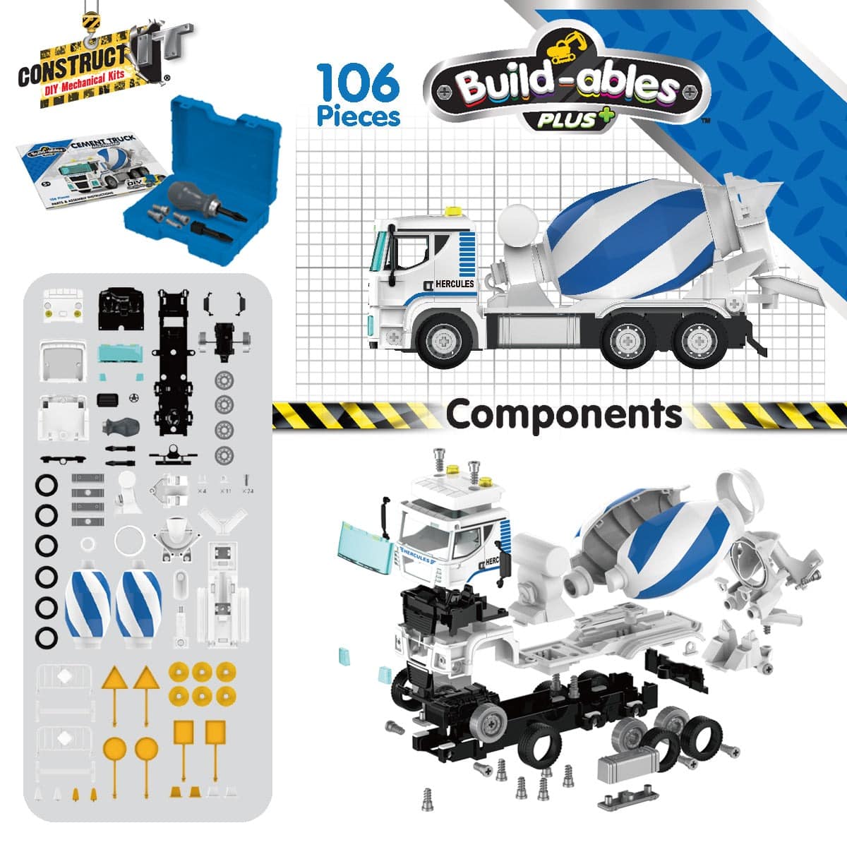 Cement mixer truck building set, white cab with blue stripes, 106 pieces, parts shown
