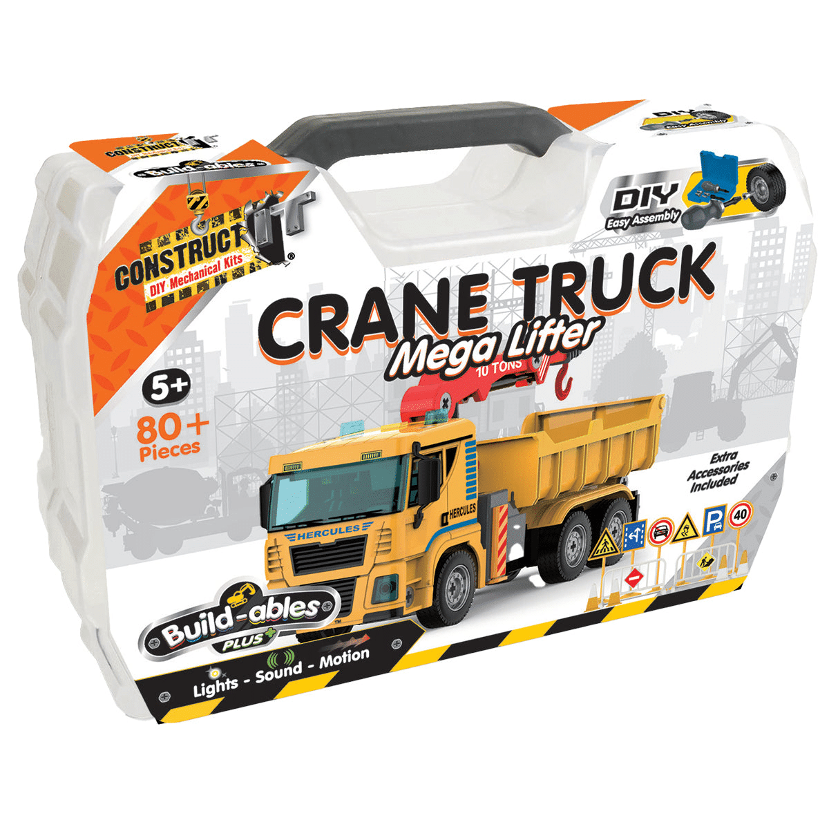 Yellow toy crane truck build kit, Mega Lifter packaging front