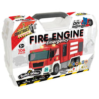 Red fire engine emergency toy build kit in box, 106 pieces, DIY assembly