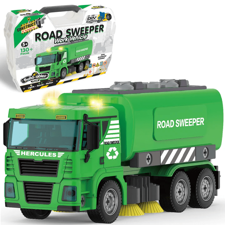 Green road sweeper work-vehicle toy truck with roof bins and side tank