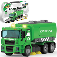 Green road sweeper work-vehicle toy truck with roof bins and side tank