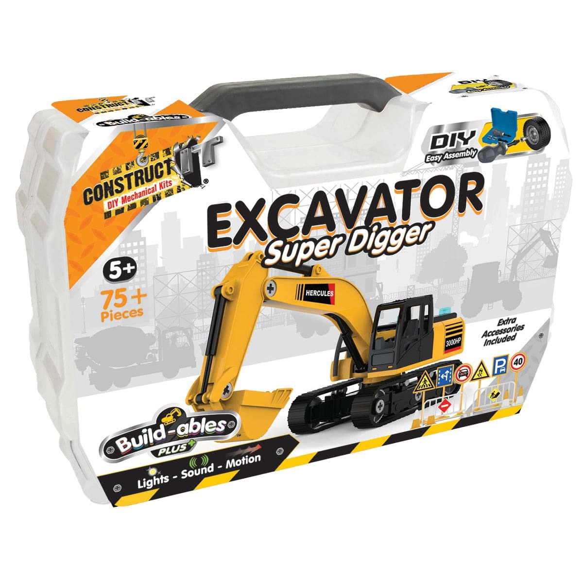 Excavator construction kit box with yellow and black toy digger, lights & sound