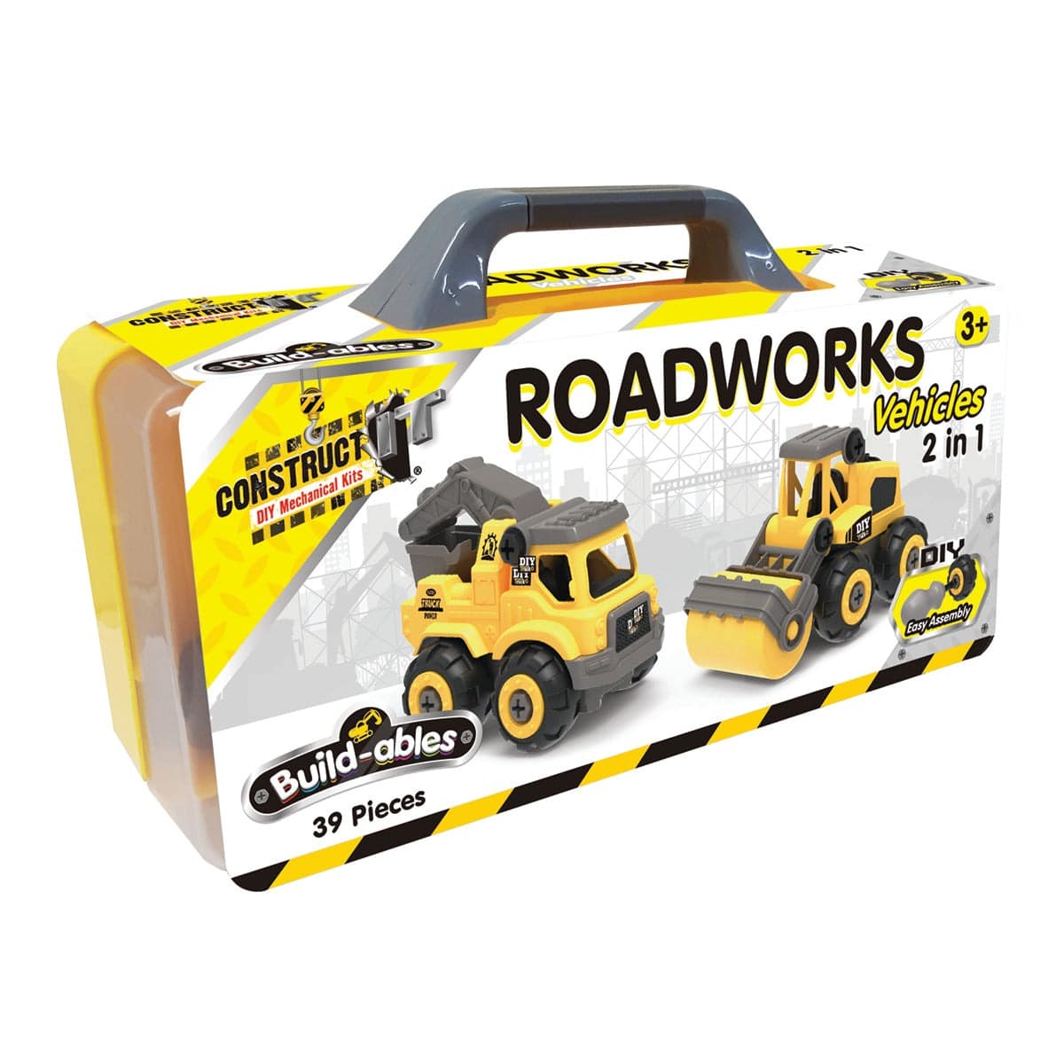 Roadworks 2-in-1 toy vehicle set with yellow DIY truck and steamroller pieces
