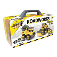 Roadworks 2-in-1 toy vehicle set with yellow DIY truck and steamroller pieces