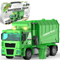 Green Build-a-bles Plus sanitation truck toy with front cab and side loading container