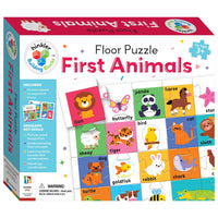 Boxed floor puzzle set showing First Animals tile images