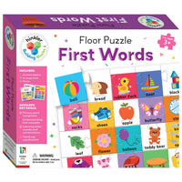 Floor puzzle first words box showing colorful word picture tiles