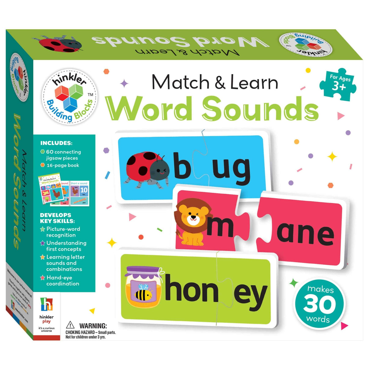 Word Sounds blocks set box with letter tiles “b ug,” “m jane,” and “hon ey”