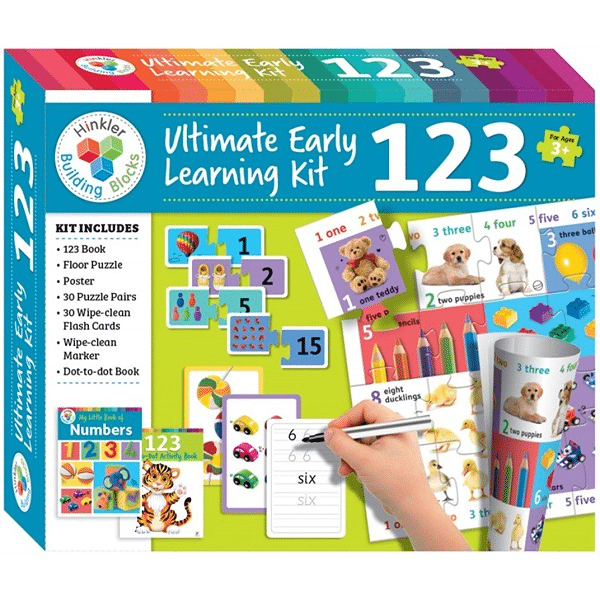 Early learning building blocks kit box showing number 123 and activity pieces