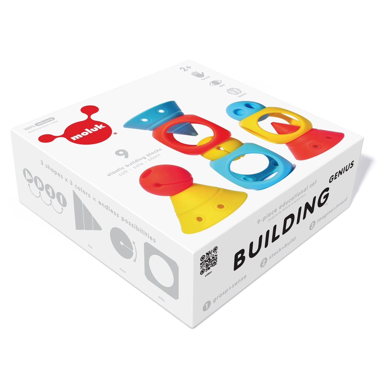 Moluk Building Genius gift box with colorful primary building pieces on lid.