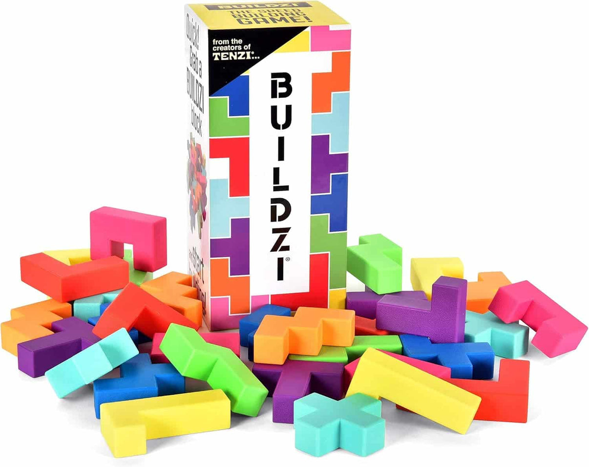 Colorful BUILDZI block building game set with plastic blocks and boxed pieces