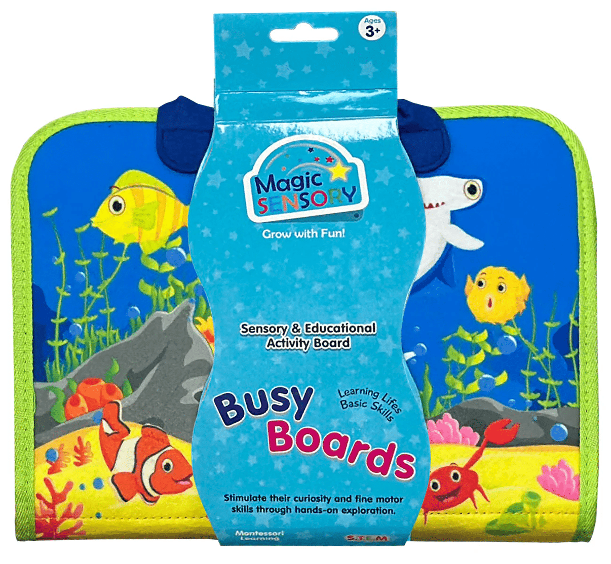 Blue and green sensory busy board with animal scene and top carrying handle