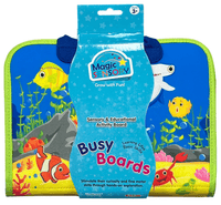 Blue and green sensory busy board with animal scene and top carrying handle