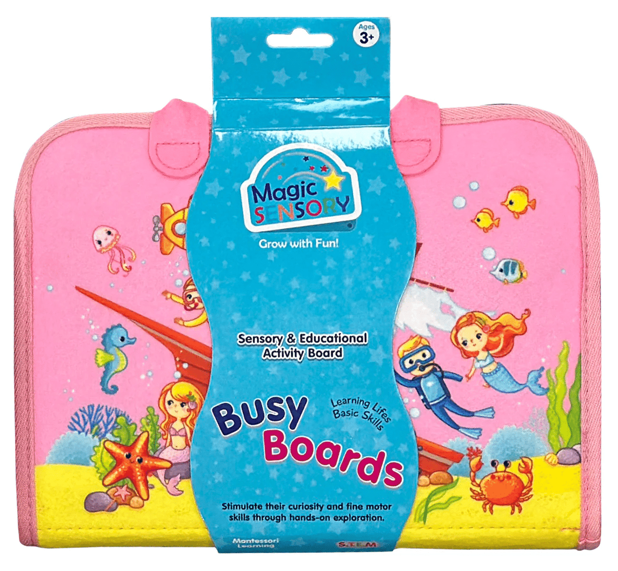 Pink sensory busy boards activity case with cartoon sea animals and starfish print.