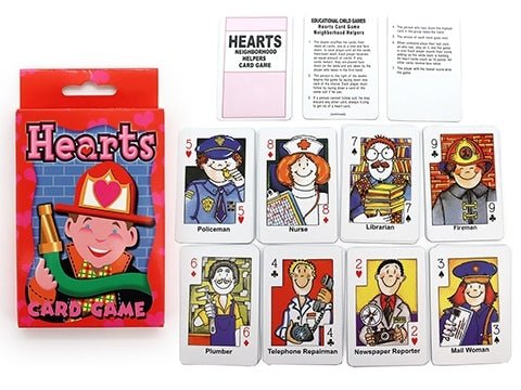 Hearts card game set with red character-themed face cards and boxed deck
