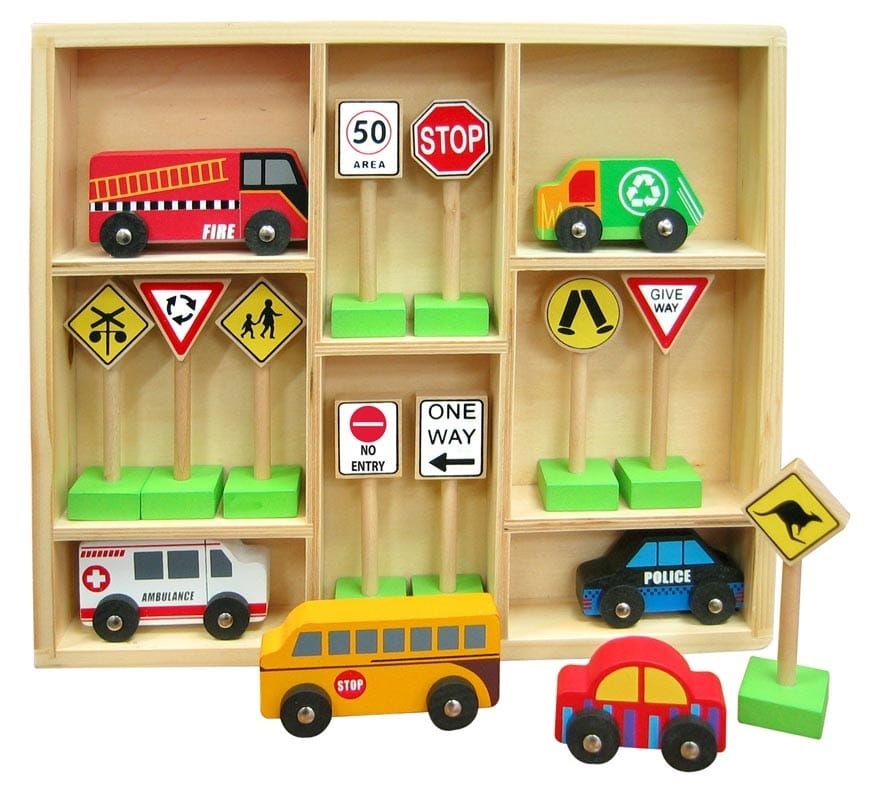 Wooden traffic sign set with colorful toy cars and multiple road signs on slots