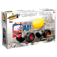 Cement truck DIY construction toy with silver metal frame, yellow mixer drum, red wheels