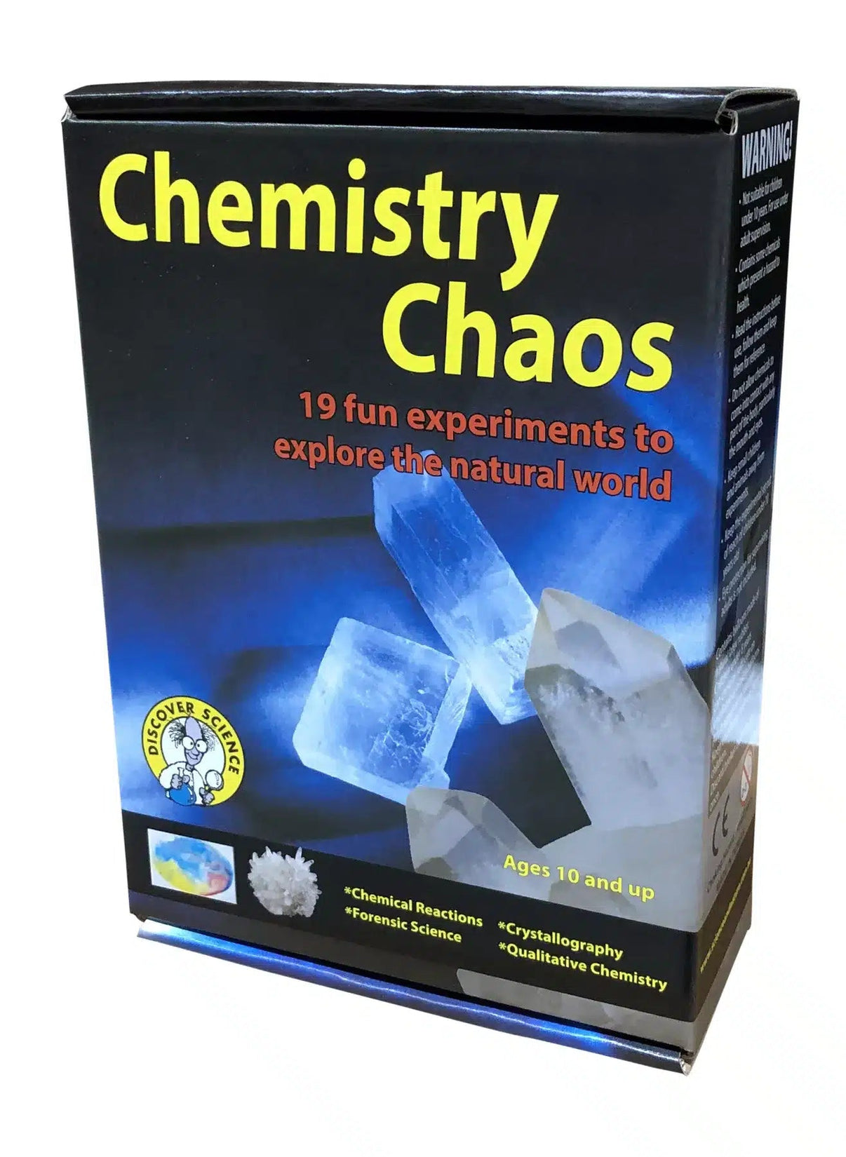 Chemistry science kit box with "Chemistry Chaos" title and blue crystal graphics