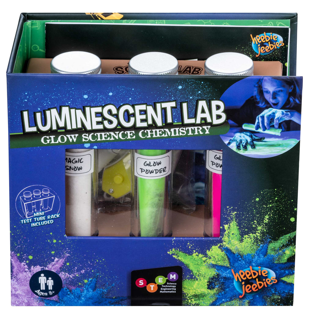 Luminescent glow chemistry lab kit with three powder bottles and white cups