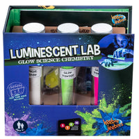 Luminescent glow chemistry lab kit with three powder bottles and white cups