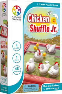 Kids chicken slide puzzle game box with red tray and white chicken figures