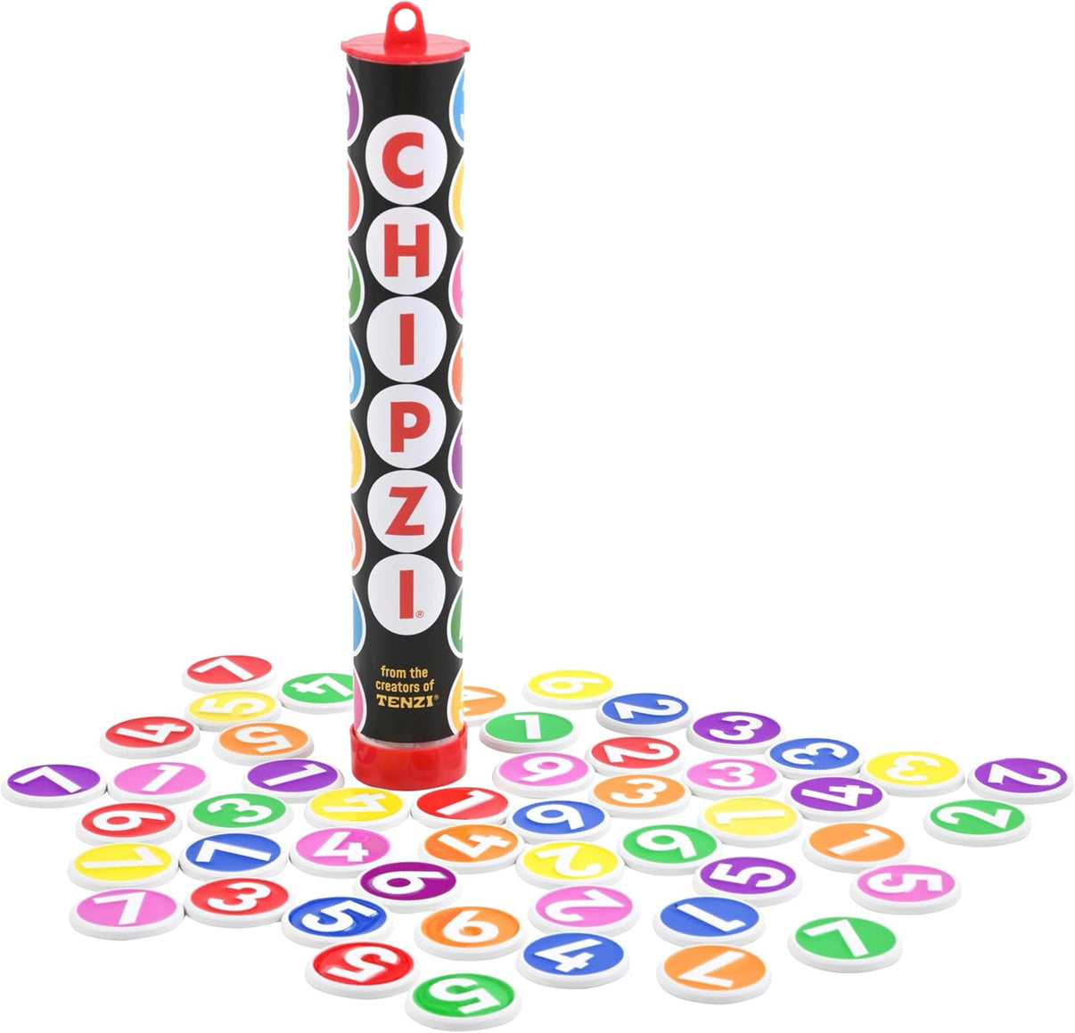 Letter tile game tube with colorful round tiles scattered on a flat surface
