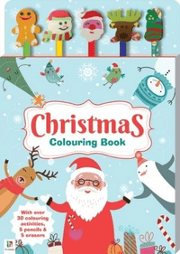 Christmas colouring book cover with Santa, snowmen, and animals illustration