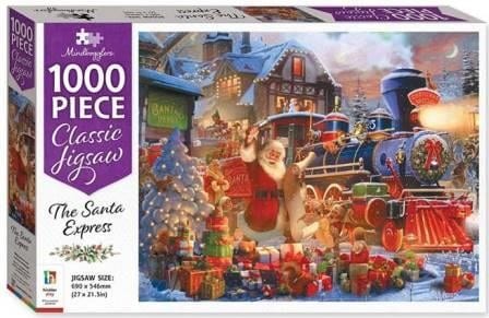1000-piece jigsaw puzzle box with Santa Express train and festive characters