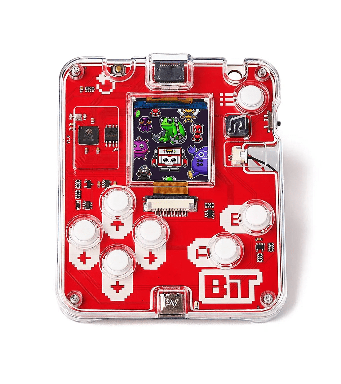 Red handheld gaming console kit PCB with color display, joysticks, and control buttons