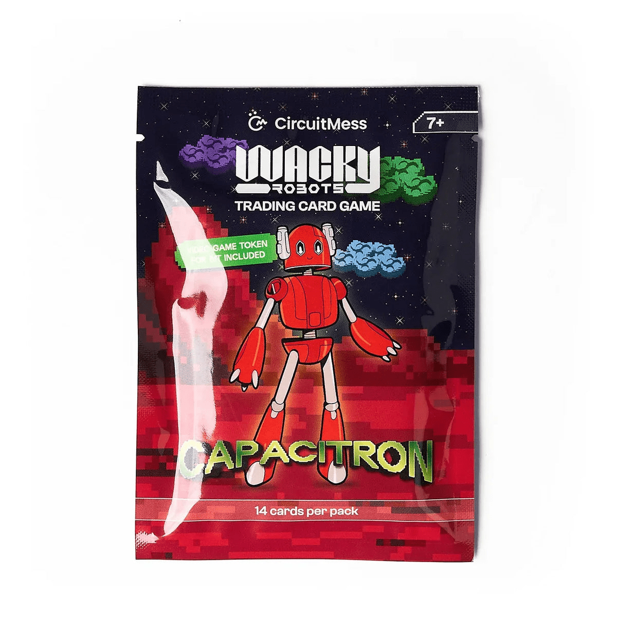 CircuitMess Wacku trading card pack featuring red robot and CAPACITRON branding
