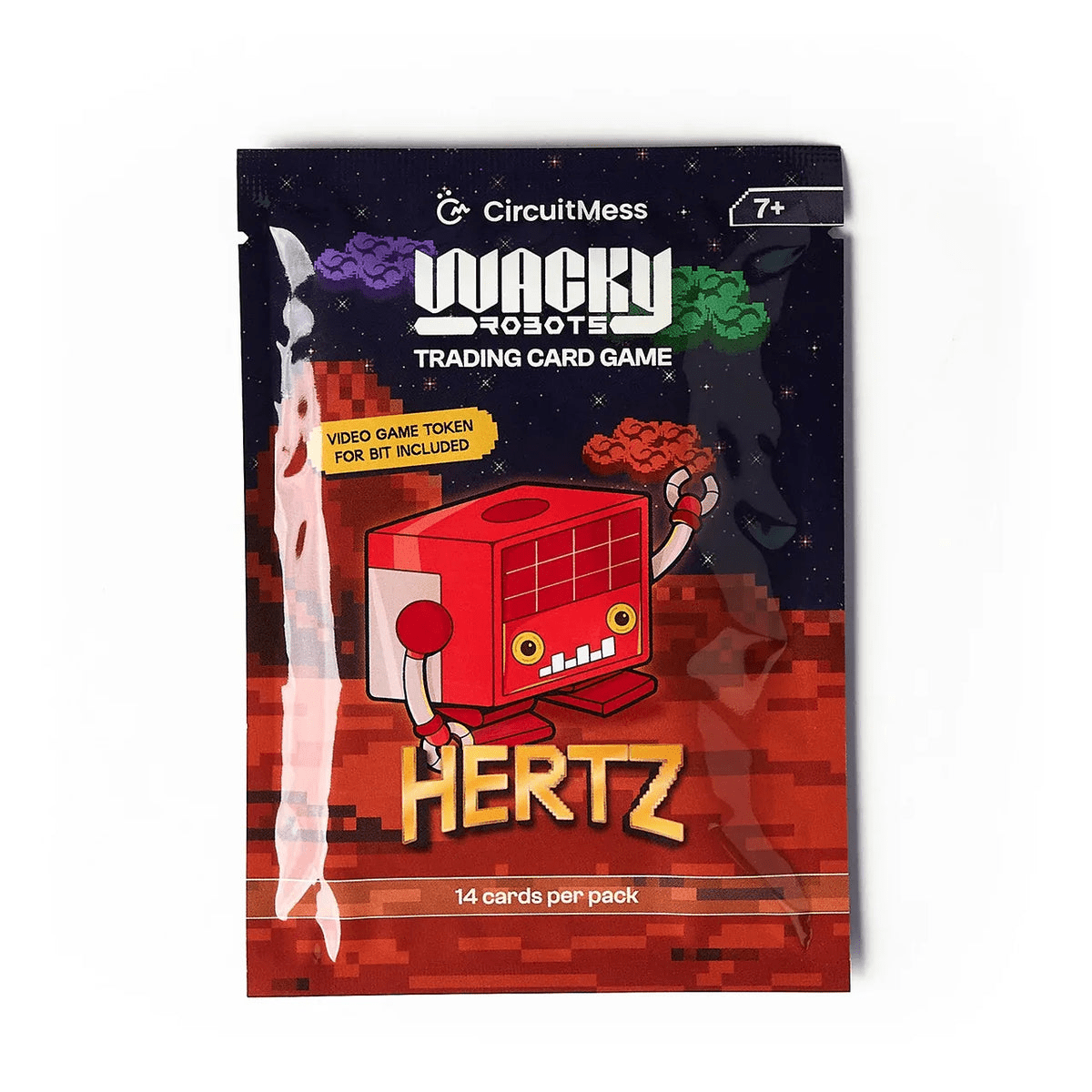 CircuitMess Hertz trading card game pack, red robot artwork, 14 cards per pack