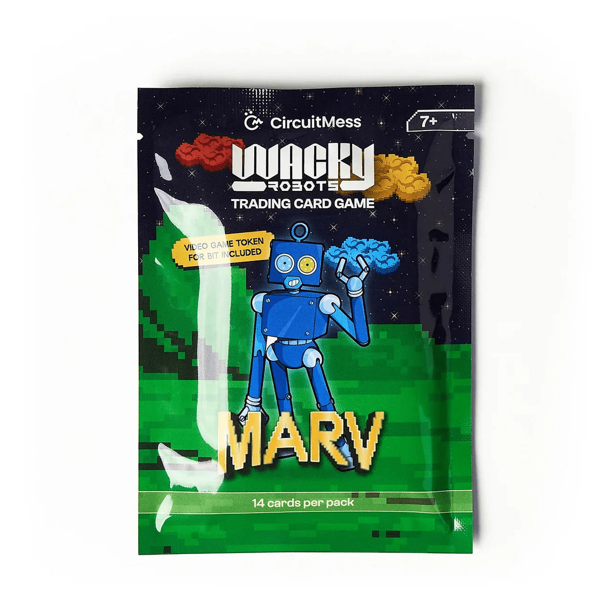 Marv trading card game pack with blue robot and '14 cards per pack'