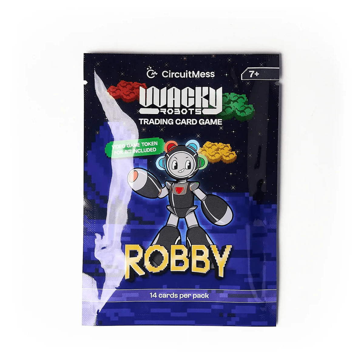 CircuitMess Robby trading card game pack with robot graphic and 14 cards per pack