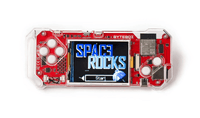 Red handheld game console module with LCD screen reading SPACE ROCKS and control buttons