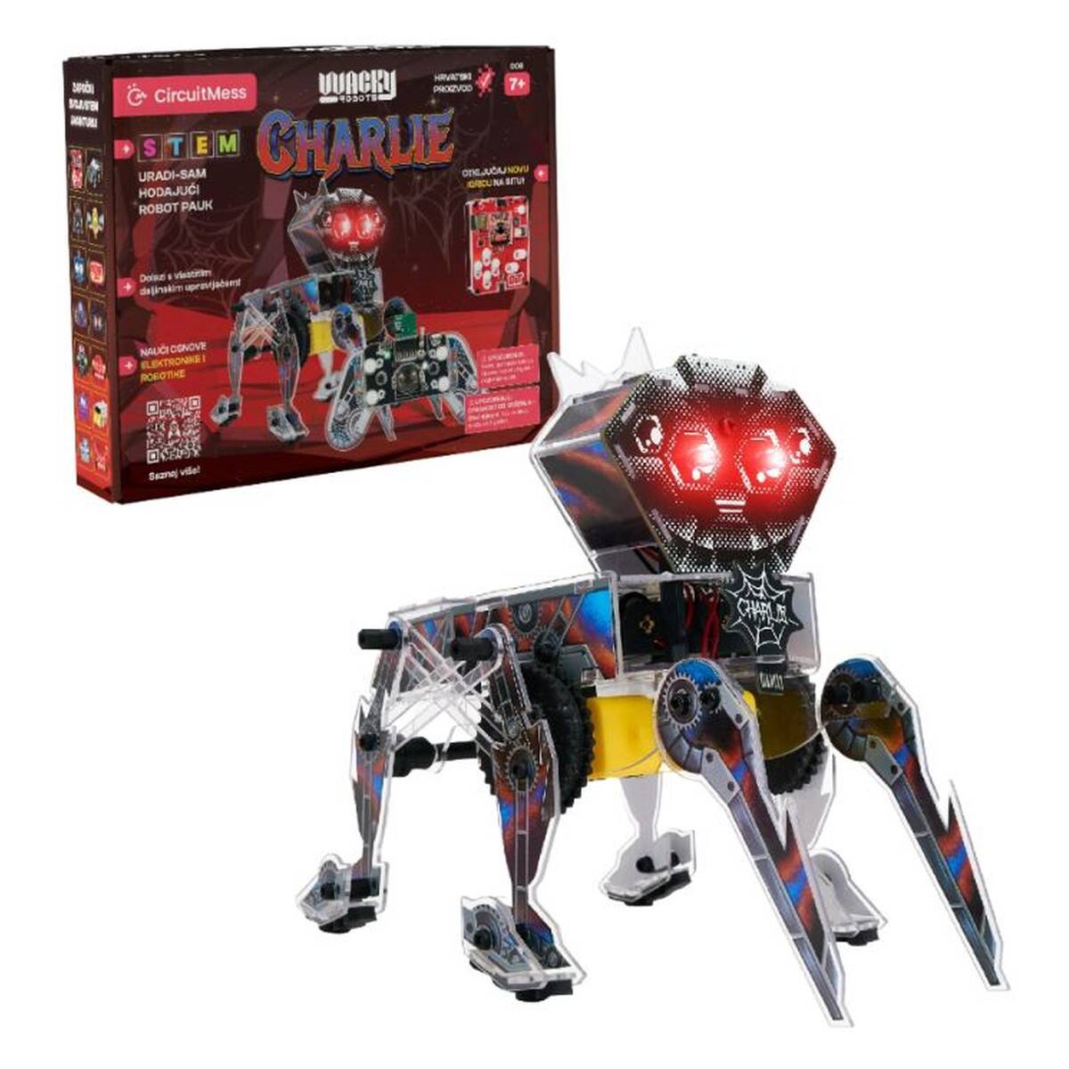 Robot construction kit with red LED crab robot and movable claw legs
