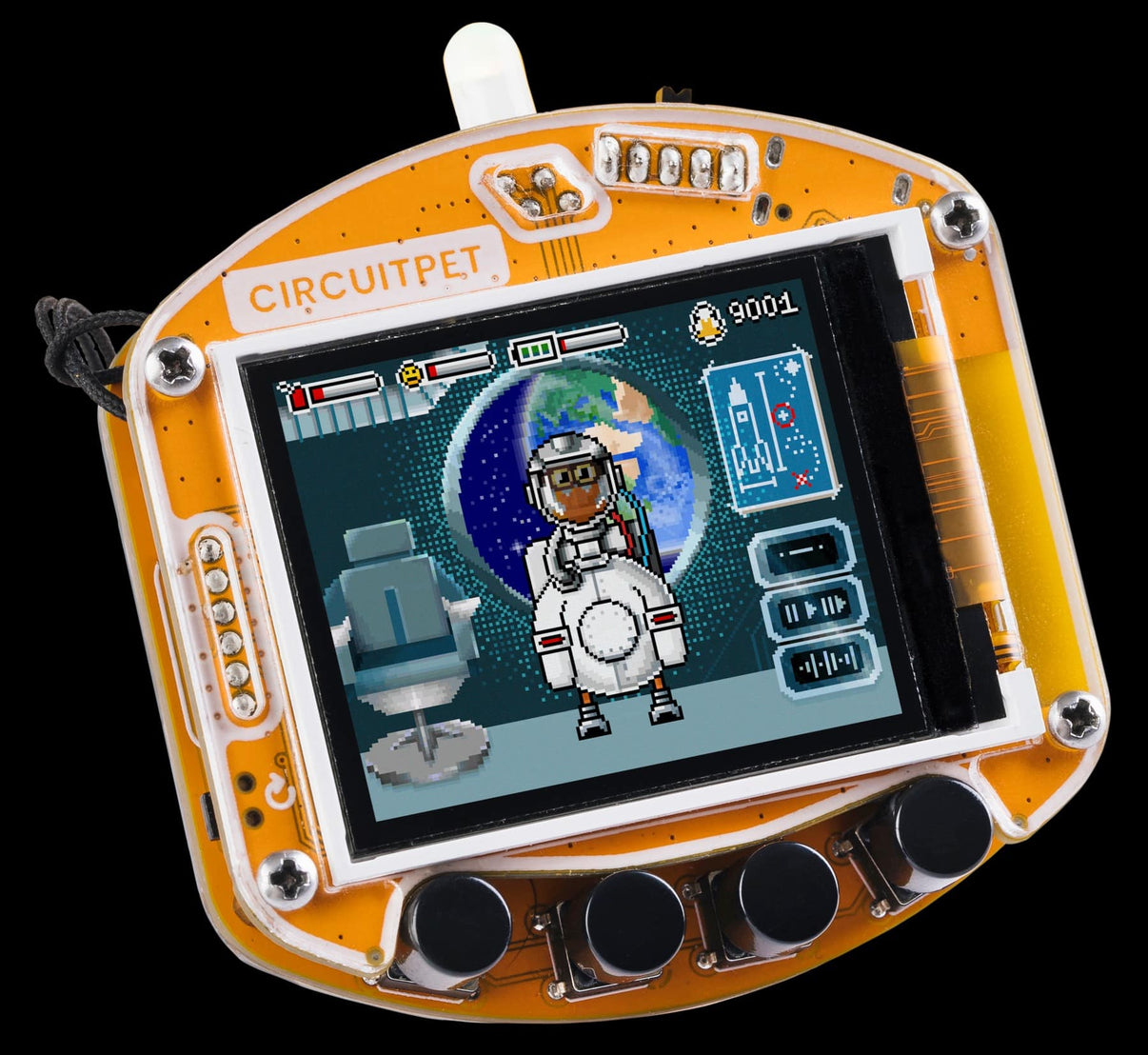 CircuitMess CircuitPet orange robot pet device with screen and four bottom speaker holes