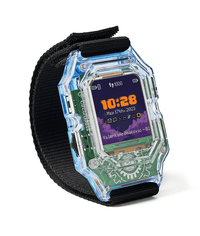 DIY smart clock with black fabric strap and transparent case, angled view showing 10:28