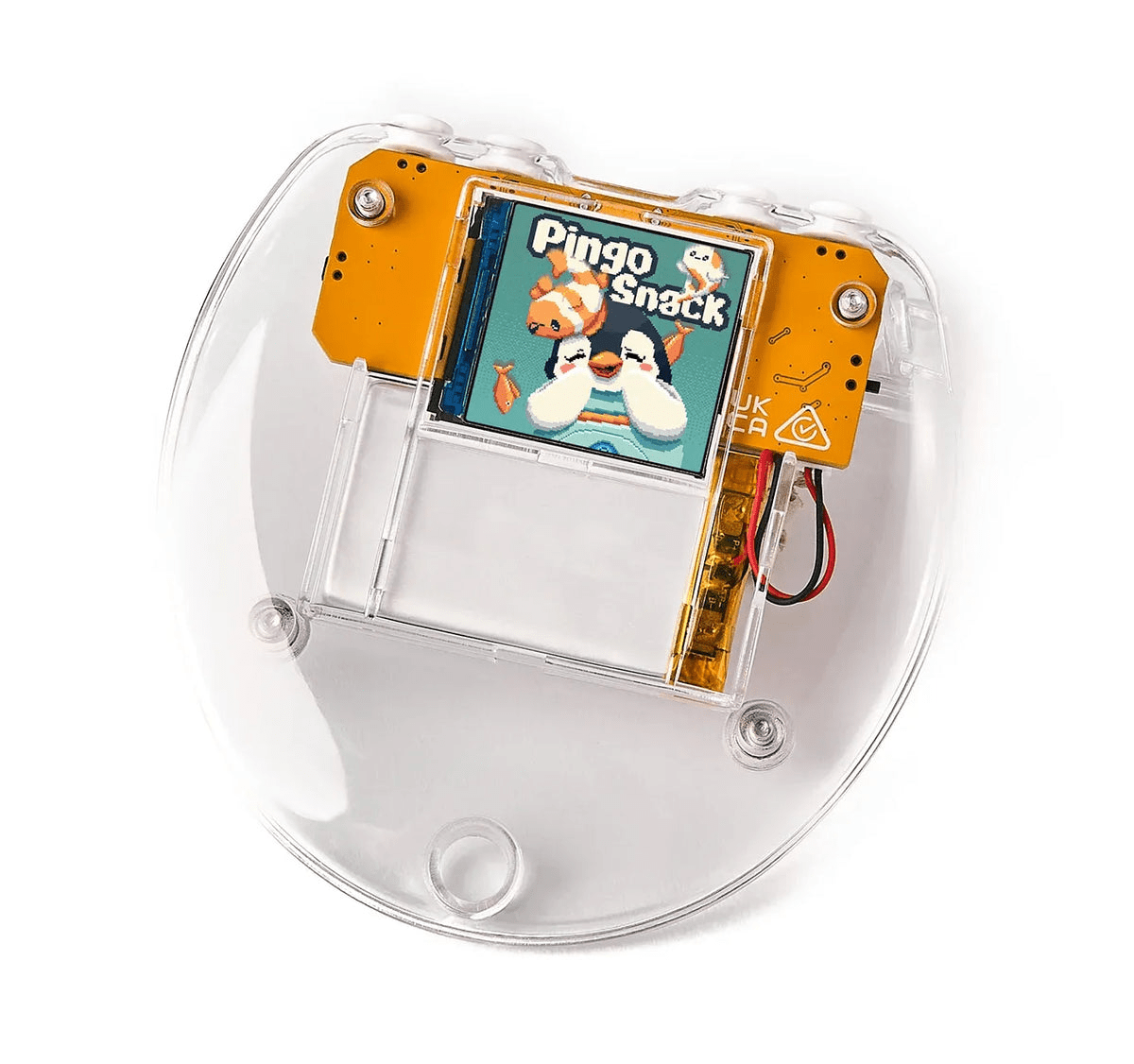 Front view of clear DIY virtual pet device showing 'Pingo Snack' screen