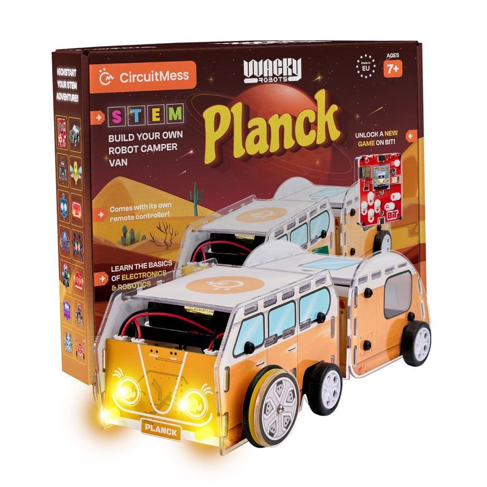 Robot camper building kit in retail box, white and orange vehicle with glowing headlights