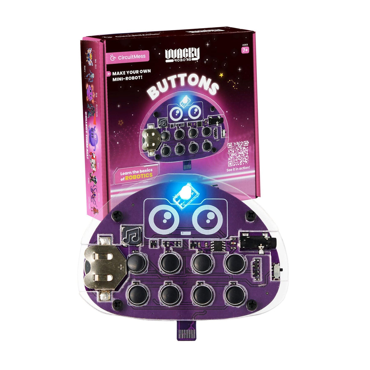 Retail box and mini robot buttons circuit board with glowing blue robot face