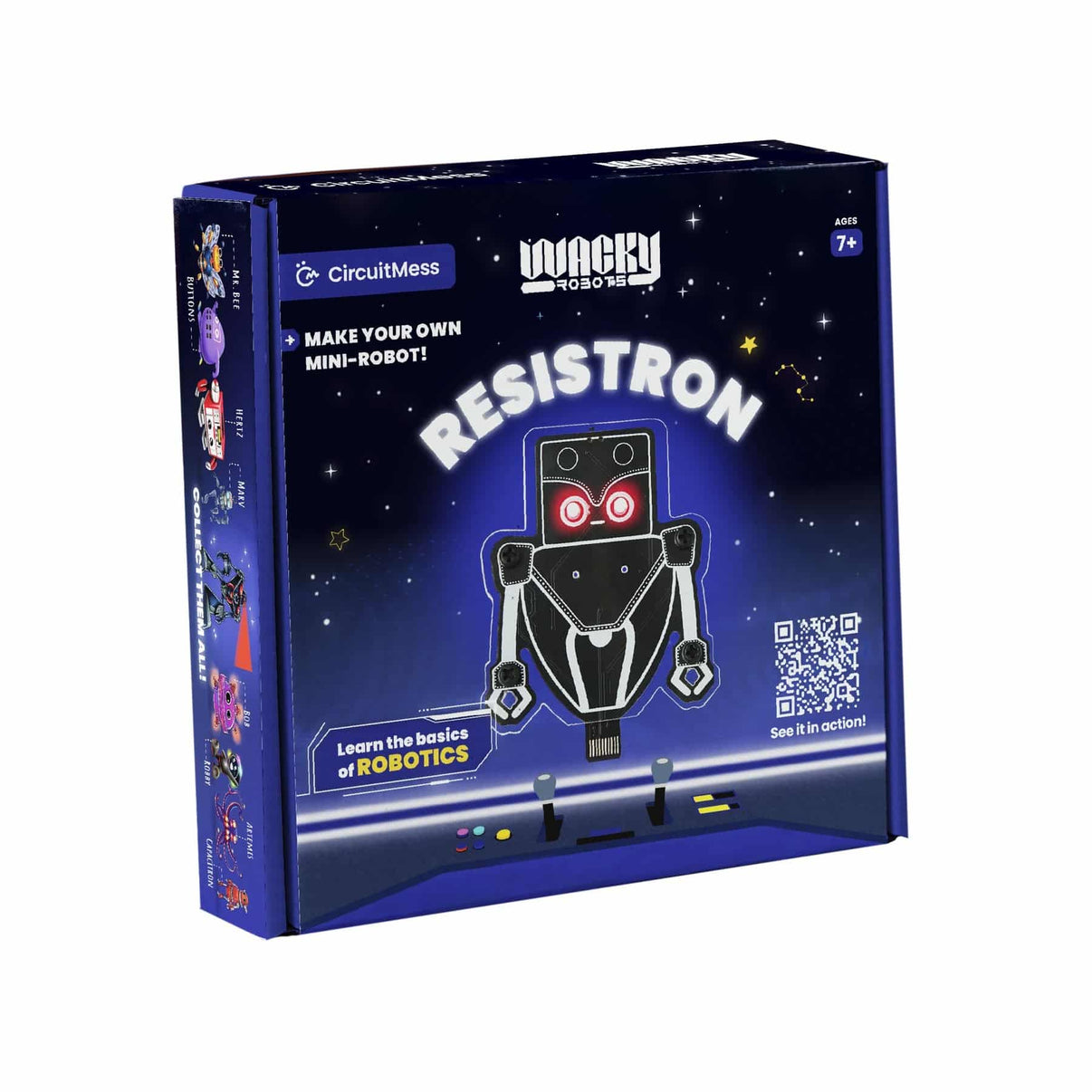 Robot kit box with illustrated black mini robot face, red eyes, and night-sky graphics
