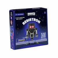 Robot kit box with illustrated black mini robot face, red eyes, and night-sky graphics